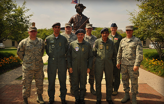 Three members of the Serbian Air Force (center) meet with Brig. Gen. Gregory Schnulo (fourth from right), Ohio assistant adjutant general for Air, along with members of the 121st Air Refueling Wing’s safety office.