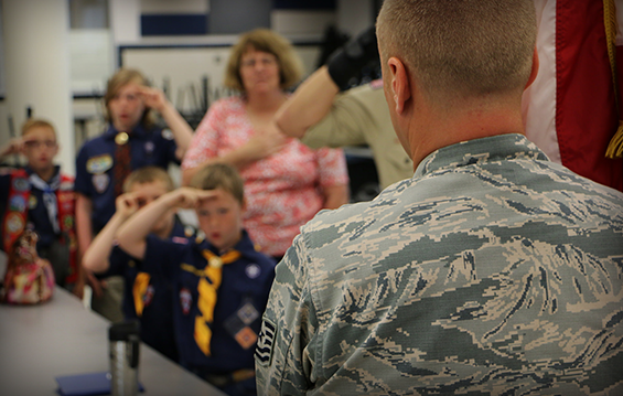Tech. Sgt. Michael Swick, 179th Airlift Wing Honor Guard program manager, speaks to Troop 152, of Lexington, Ohio.