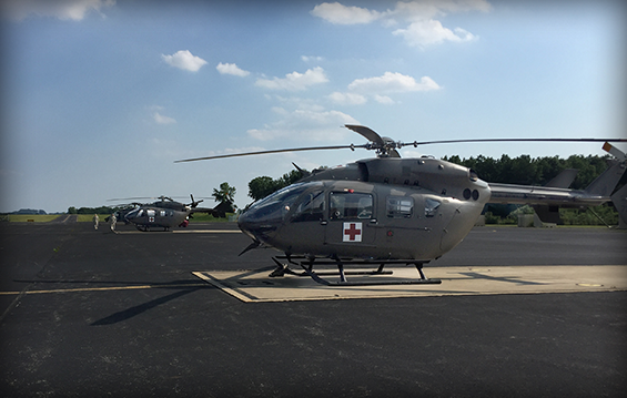 Two UH-72 Lakota medical evacuation helicopters belonging to the Ohio Army National Guard’s Detachment 1, Company D, 1st Battalion, 376th Aviation Regiment are prepared for departure from the Army Aviation Support Facility No. 1.