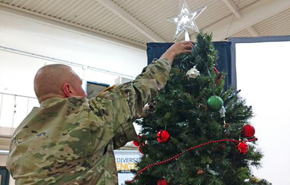 Ohio National Guard members decorate the drill floor.