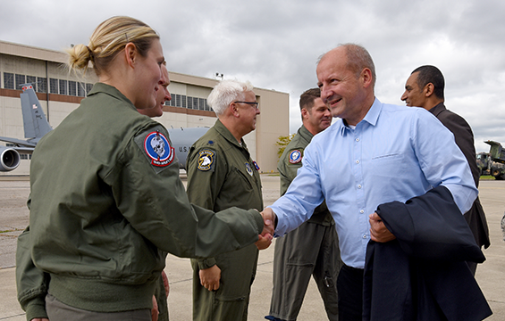 Hungarian Minister of Defence István Simicskó meets with Airmen of the 121st Air Refueling Wing.