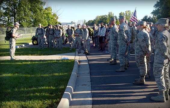 Lt. Col. Bernard Willis, of the 178th Wing, addresses the more than 50 Airmen participating in the 9/11 Ruck and Run.