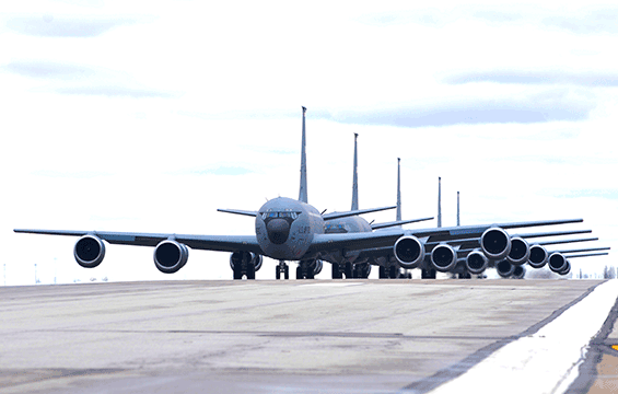 KC-135 Stratotankers with the 121st Air Refueling Wing taxi down the runway.