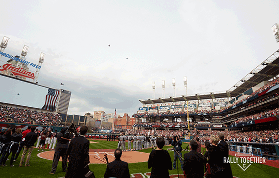 Two F-16 Fighting Falcons from the 180th Fighter Wing soar over Progressive Field.