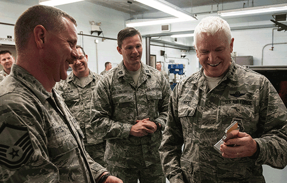 Lt. Gen. Scott Rice, director of the Air National Guard, visits with the Airmen of the 121st Air Refueling Wing.