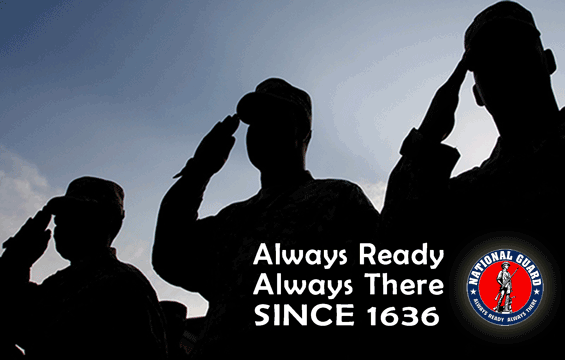 Silhouette of saluting solidiers with National guard mott: Always Ready, Always There since 1639.