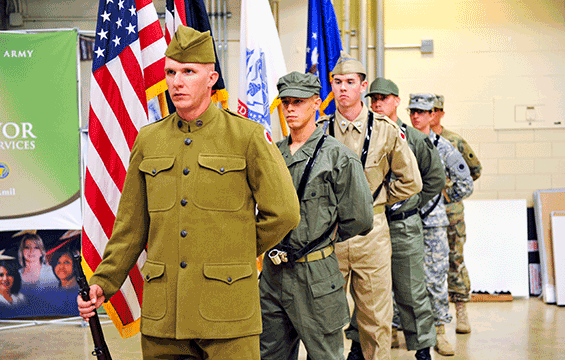 Soldiers from the 37th Infantry Brigade Combat Team comprise a color guard representing the different eras of the 37th Division/37th IBCT, from World War I to the present.
