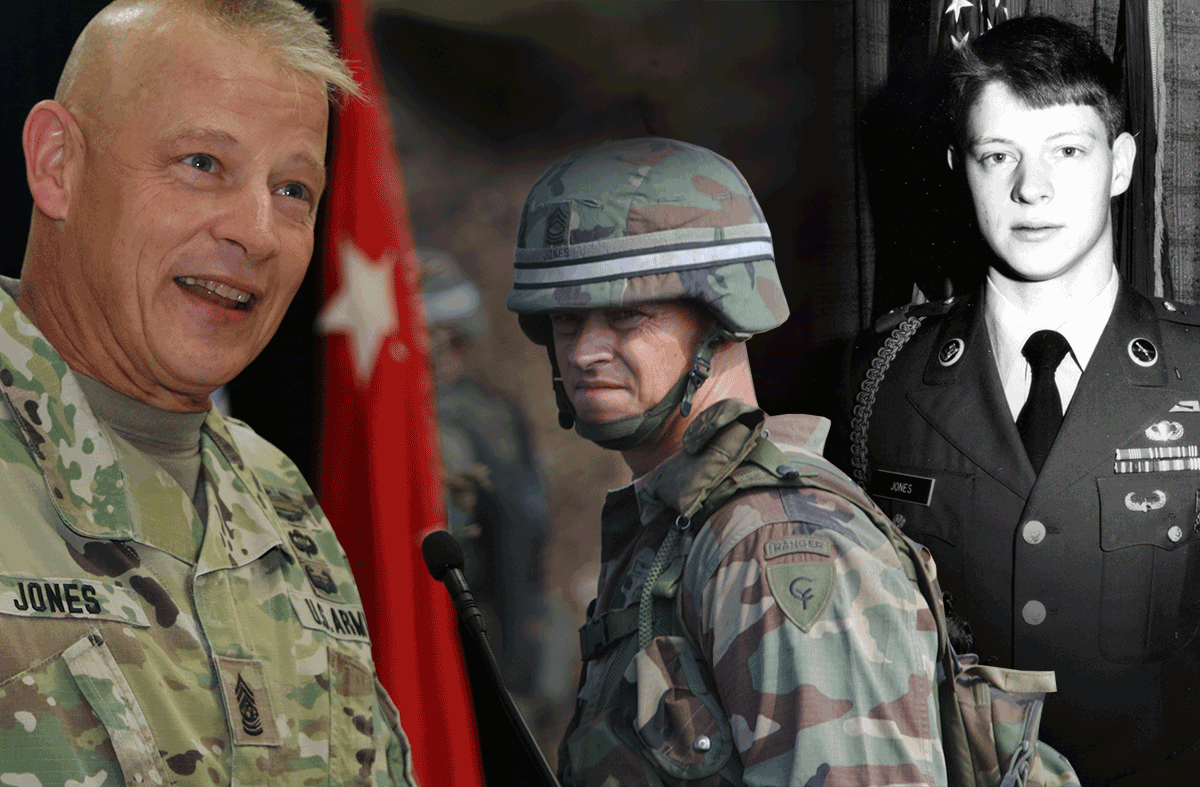Collage of Command Sgt. Maj. Jones from teen to present.