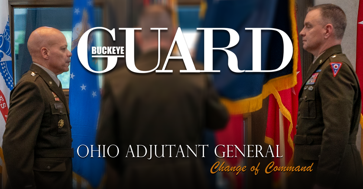 Cover of Buckeye Guard: Incoming and outgoing Adjutant Generals face each other during ceremony