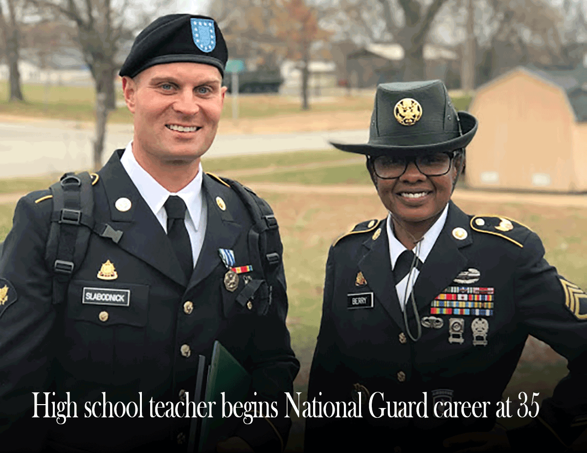 Ohio Army National Guard Spec. Adam Slabodnick stands with his drill sergeant after completing advanced individual training in December 2018 at Fort Leonard Wood, Mo. to become a transportation operator. Slabodnick, a health and physical education teacher in northern Ohio, joined the National Guard at the age of 35 and will drill with the 1485th Transportation Company in Dover, Ohio. 