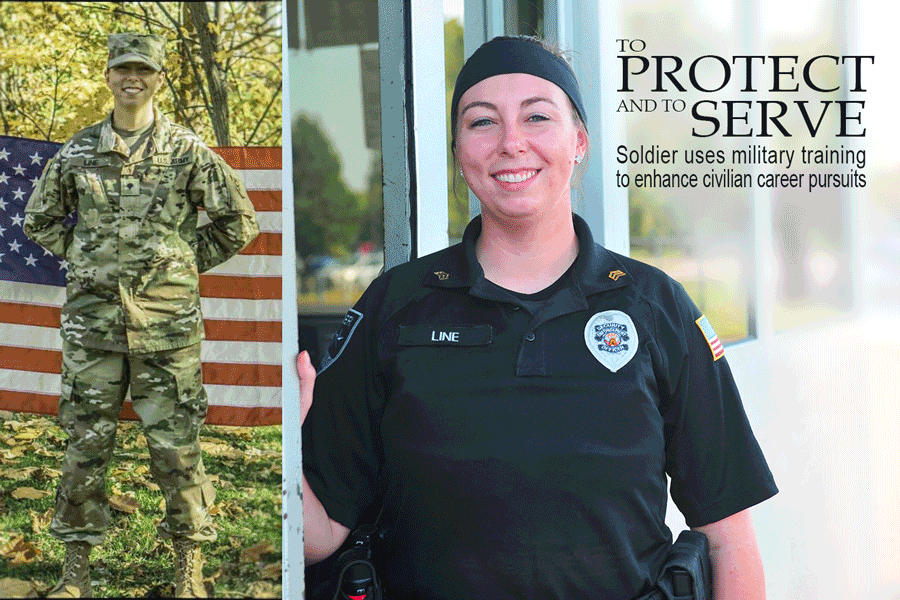 Collage with Spc. Kayla Line in camo on left and security uniform on right.