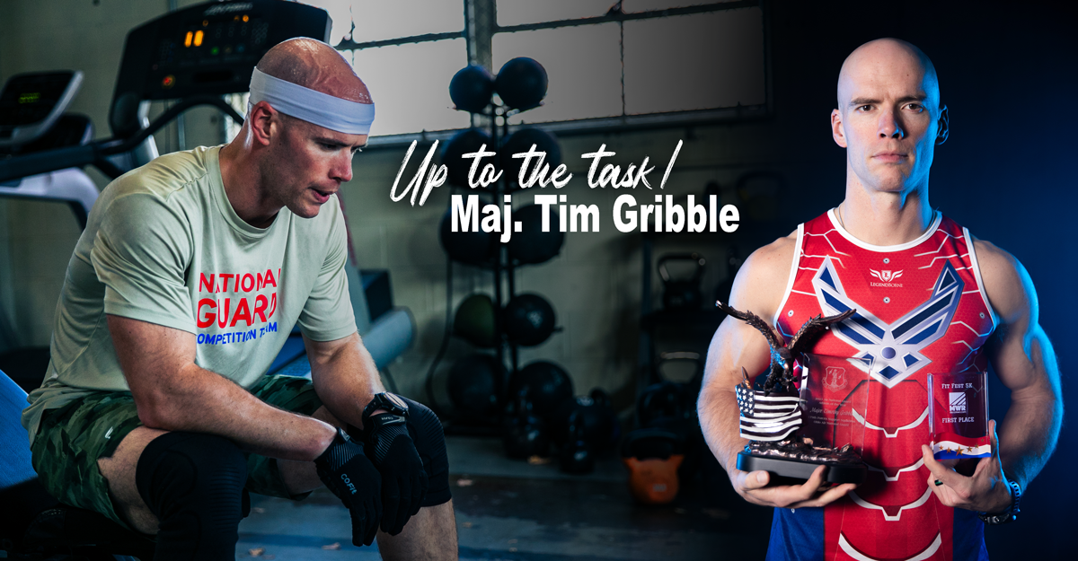 Collage of Maj. Tim Gribble sitting and stanging with trophies