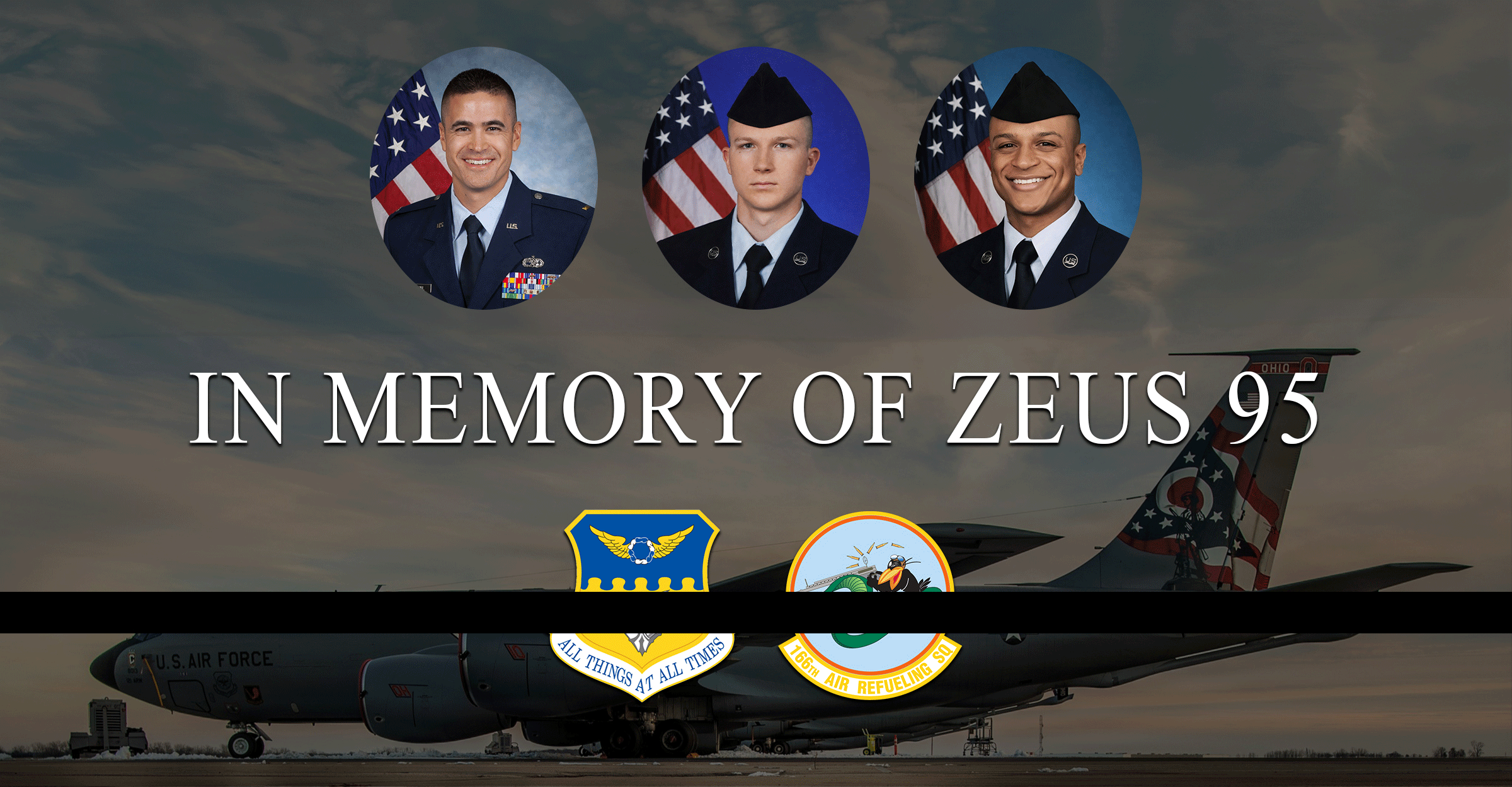 Graphic of KC135 and portraits of the 3 Airmen who lost their life during Zeus 95