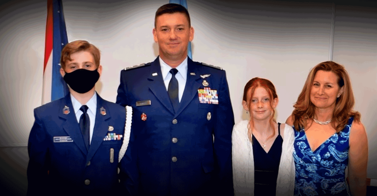Bowden family: Son and Father in uniform, Daughter and Mom 