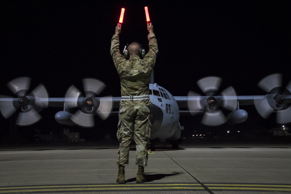 Technical Sgt. Spencer Magers, Maintainer from the 179th Airlift Wing Maintenance Group, Mansfield, Ohio, conducts post-flight operations during Saber Junction 2019 (SJ19) September 18, 2019, at Ramstein Air Base, Germany. SJ19