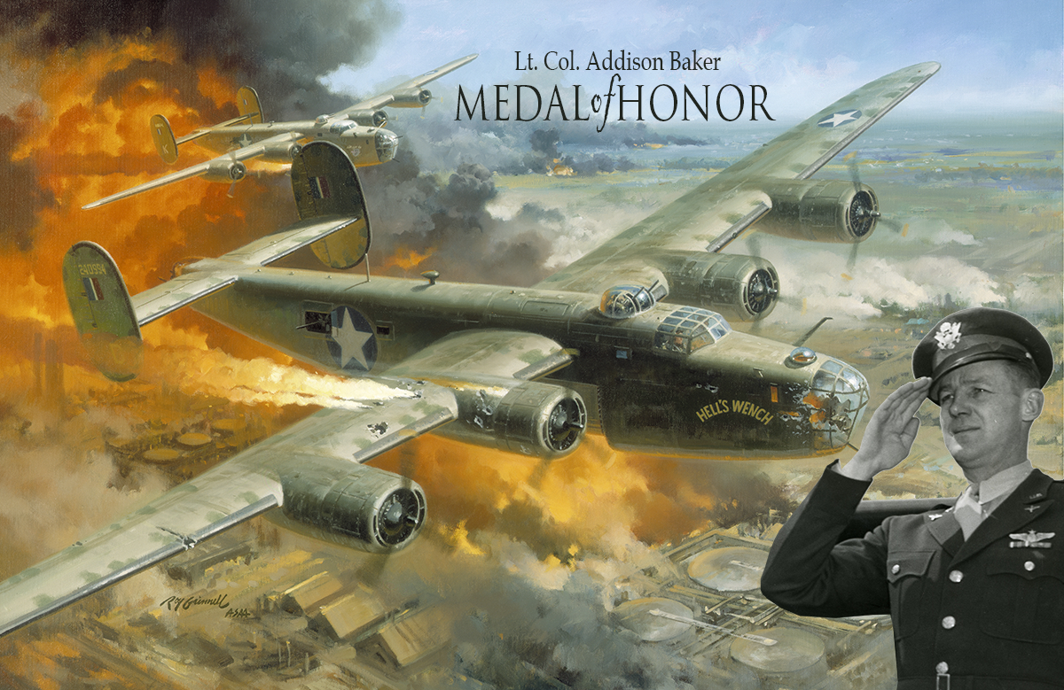 Painting of HELL'S WENCH aircraft with black and white photo of Baker superimposed.
