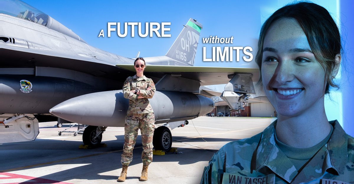 Airman Nina Van Tassel standing in front of an F-16 fighting falcon