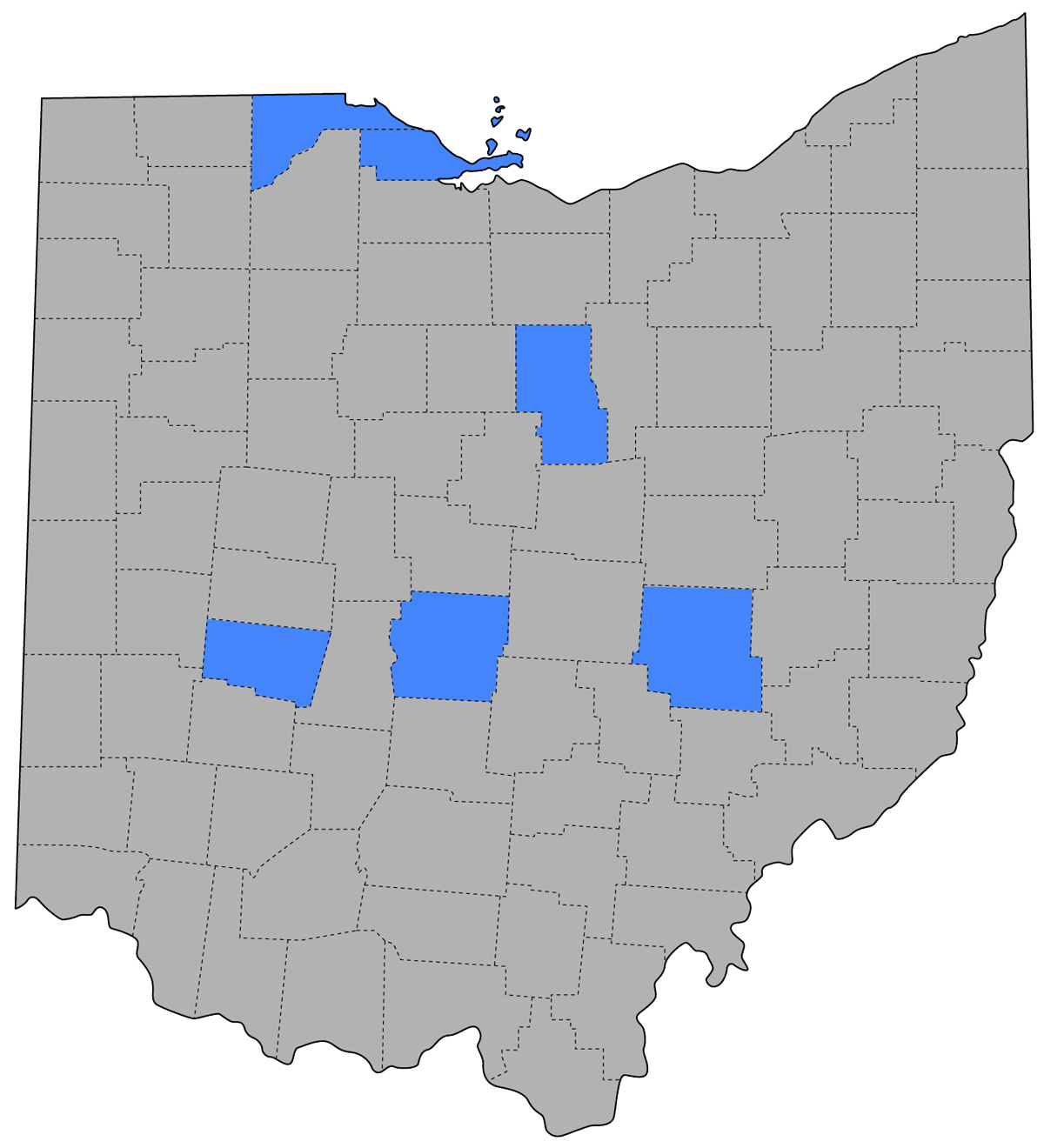 Ohio county map with highlighted counties for Ohio Air National Guard facilities.