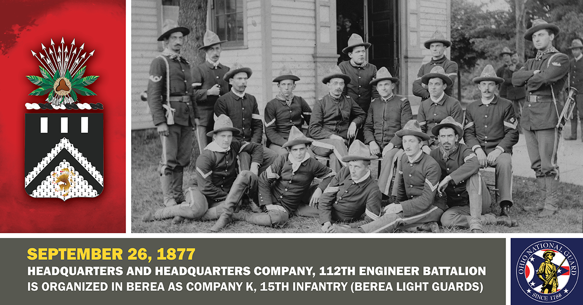 Officers and noncommissioned officers of Company K, 15th Infantry sit for a photograph in front of the Berea Light Guards armory.