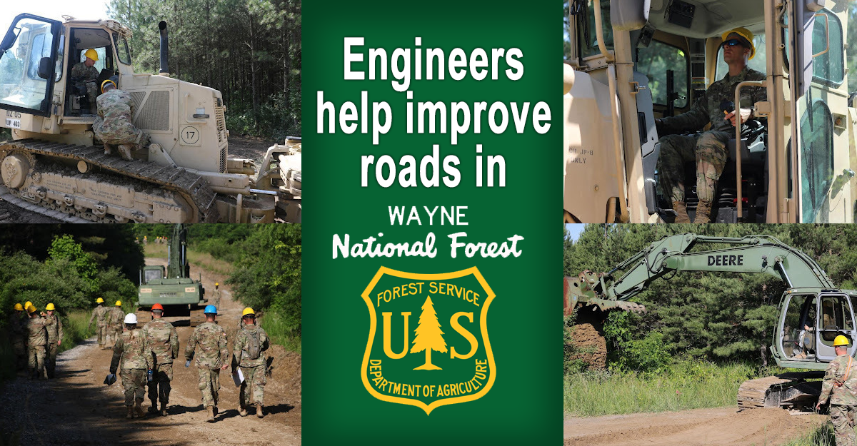Composite graphic of 4 images of Soldiers using equipment to clear roads with Wayne National Gures logo in center,