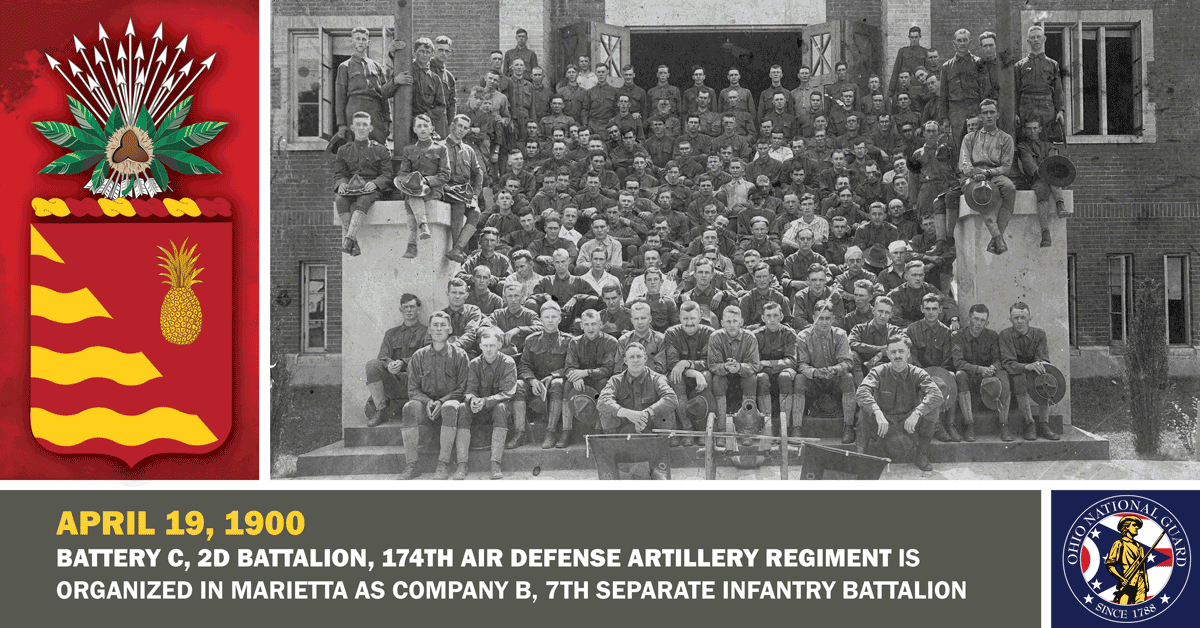 Soldiers pose for a photograph on the front steps of the Marietta Armory.