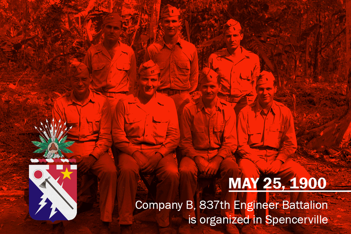 Soldiers in dress uniforms sitting for photo. Message reads: May 25. 1900. Company B, 837th Engineer Battalion