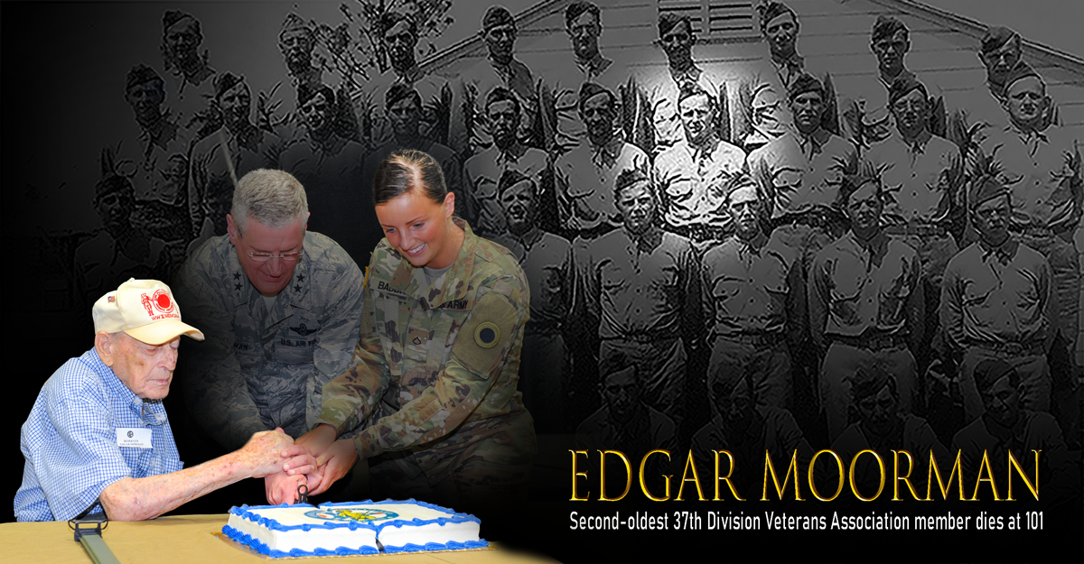 Collage of Egdar Moorman with troop and then cutting cake.