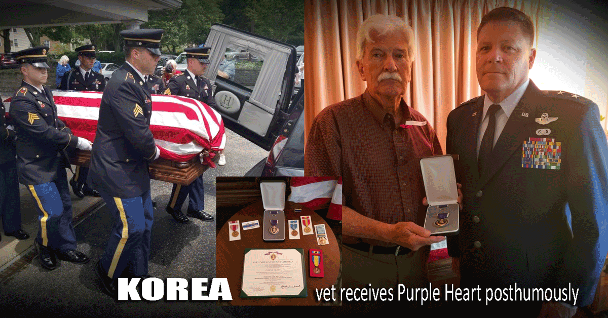 Collage of casket being loaded into hearse, purple heart medal and Dave Lilley posing with ATAG while holding purple heart.
