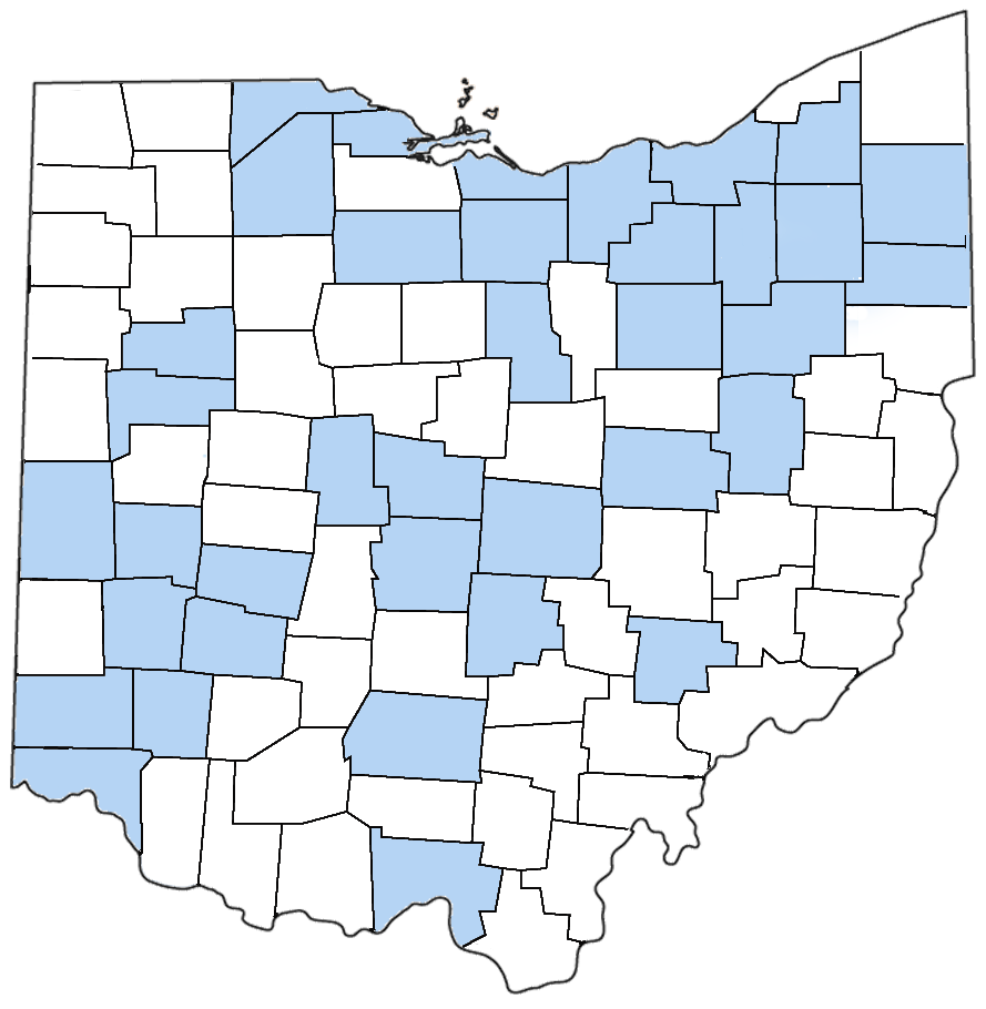 Ohio county map with highlighted counties for Ohio Air National Guard facilities.