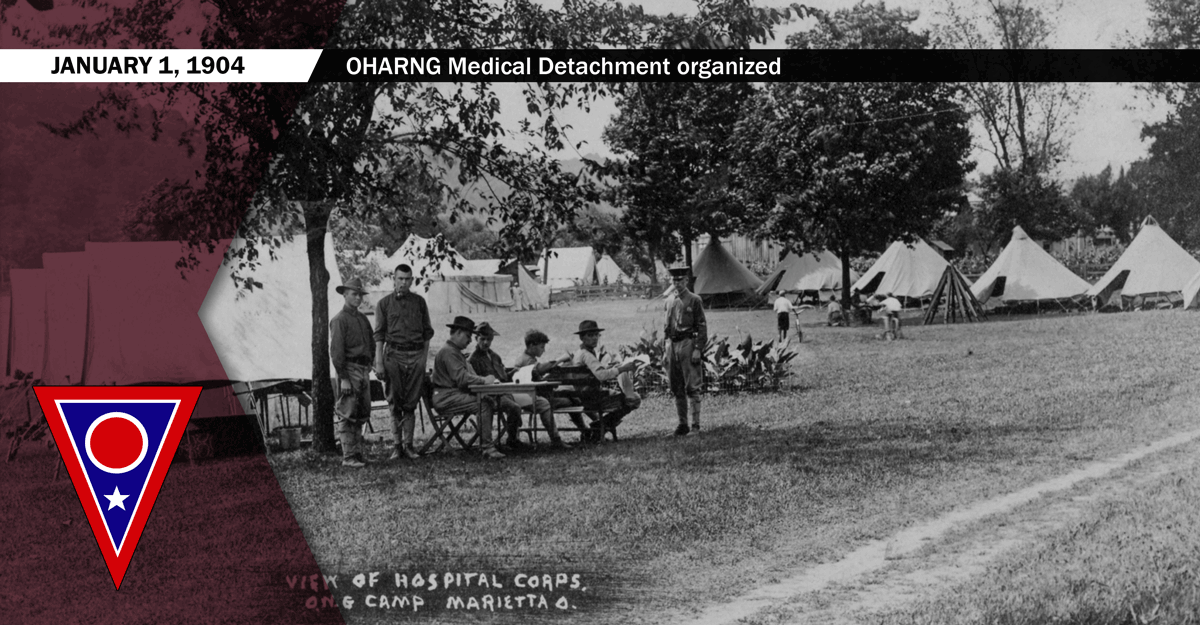 This photo shows a view of the Hospital Corps of the Medical Department in 1910 at Marietta, Ohio.