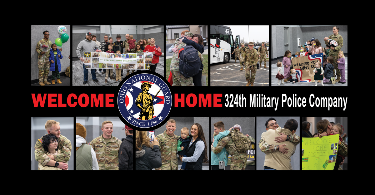 Photo collage of Soldiers being welcomed home by their family members