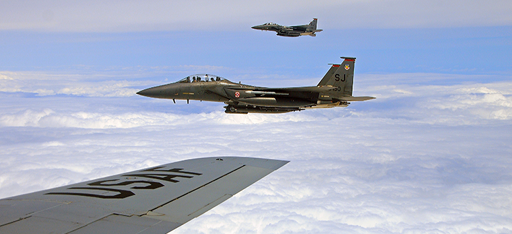 Two F-15E Strike Eagle fighters from inside an Ohio Air National Guard KC-135 Stratotanker.