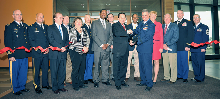 Maj. Gen. Mark E. Bartman (center, right), Ohio adjutant general, and U.S. Rep. Pat Tiberi are joined by other community leaders during the official ribbon cutting for the Delaware Readiness Center.