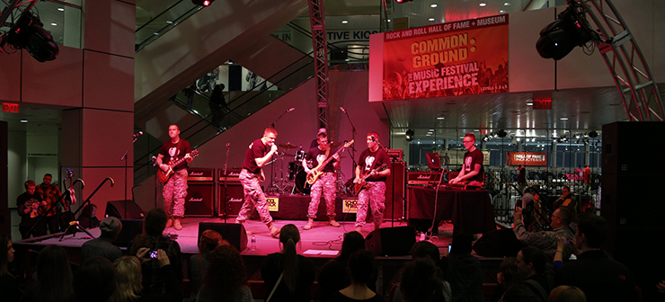The 122nd Army Band rock ensemble, known as "Flashbang," performing at Rock and Roll Hall of Fame.