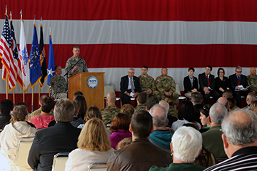 Maj. Gen. Mark E. Bartman, Ohio adjutant general, addresses Soldiers of Company B, 3rd Battalion, 238th Aviation Regiment during the unit’s call to duty ceremony Nov. 2, 2015, at the MAPS Air Museum in North Canton, Ohio.