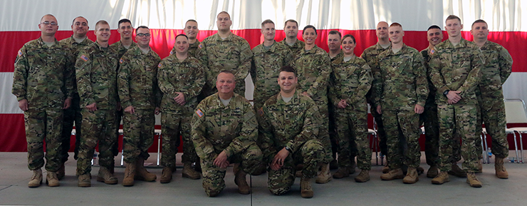 Soldiers of Company B, 3rd Battalion, 238th Aviation Regiment, stand for a group photo prior to their call to duty ceremony Nov. 2, 2015, in North Canton, Ohio. Company B is deploying to Afghanistan in support of support of Operation Freedom’s Sentinel. 