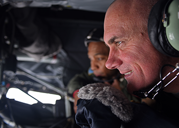 --Hungarian army Command Sgt. Maj. István Kriston, the senior enlisted leader in the Hungarian Defence Forces, observes an aerial refueling mission from the “boom pod” of a KC-135R Stratotanker,