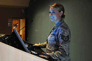 Air Force Staff Sgt. Jennifer Masters, an Airman with the 178th Wing, gives a mission brief.