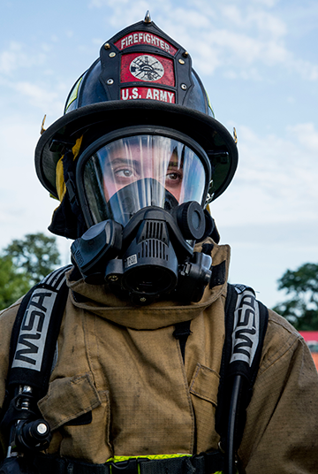 Pvt. Leah Thurston, a firefighter with the 296th Engineer Detachment in Mansfield, Ohio.