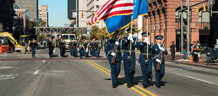 Soldiers and Airmen of the Ohio National Guard march in the Veterans Day parade.