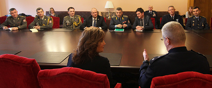 Maj. Gen. Mark Bartman, adjutant general, and Lt. Gov. Mary Taylor meet with the delegation from the Republic of Serbia.