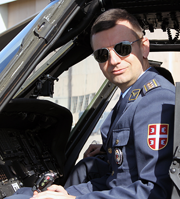 A member of the Serbian Armed Forces sits in the cockpit of a UH-60 Black Hawk helicopter, Oct. 28, 2016, at Rickenbacker Air National Guard Base in Columbus, Ohio. 