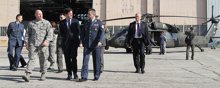 Lt. Gen. Jovica Draganić (second from right), Serbian Armed Forces deputy chief of general staff, and Djerdj Matkovic (right), Serbian Ambassador to the United States, tour Rickenbacker Air National Guard Base, Oct. 28, 2016, in Columbus, Ohio. Serbian military and diplomatic representatives traveled to Ohio for a National Guard State Partnership Program exchange. 