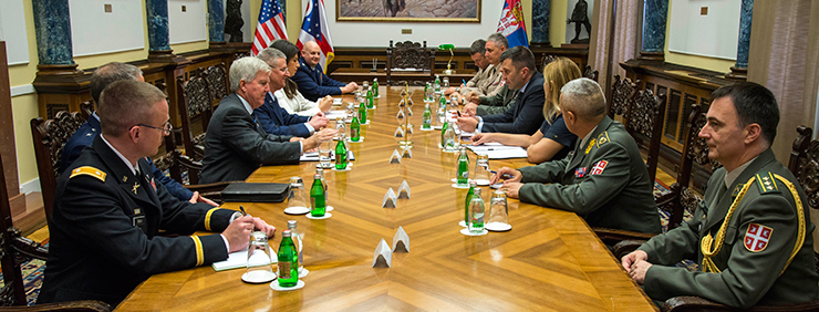 Serbian Defense Minister Zoran Djordjevic (middle of table, right side) meets with an Ohio National Guard delegation led by Maj. Gen. Mark E. Bartman.