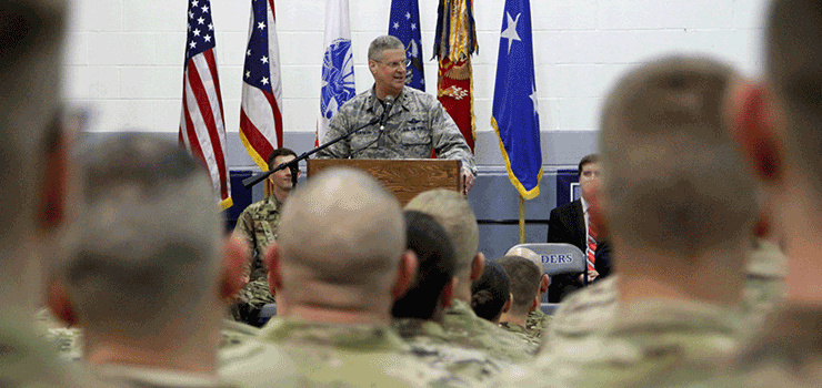 Maj. Gen. Mark E. Bartman, Ohio adjutant general, speaks to Soldiers of the 2nd Battalion, 174th Air Defense Artillery Regiment, during the unit’s call to duty ceremony.