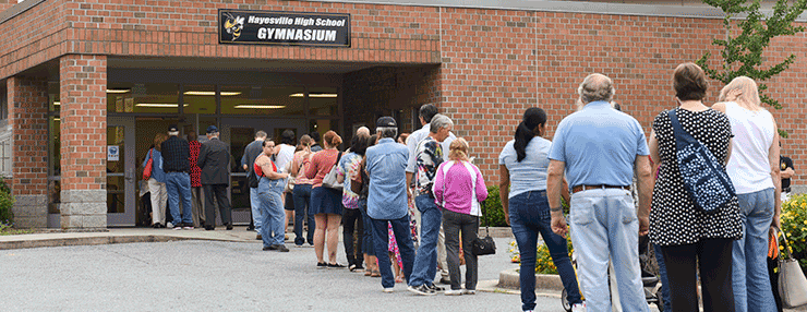 Residents lined up outside Hayesville High School.