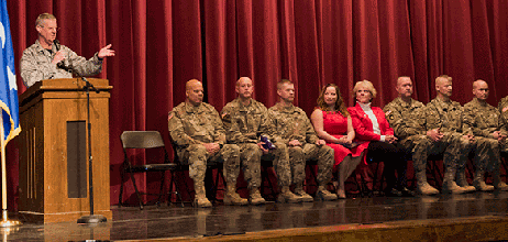 Maj. Gen. Mark E. Bartman, Ohio adjutant general, addresses Soldiers of the 204th Engineer Detachment and their Families during the unit’s welcome home ceremony.