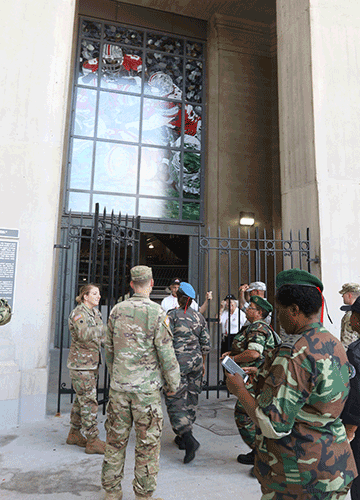 Members of the Serbian and Angolan Armed Forces tour Ohio Stadium with members of the Ohio National Guard.
