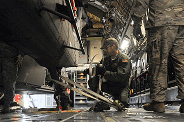 Guard membersecures Blackhawk being loaded onto C-17 Globemaster III.