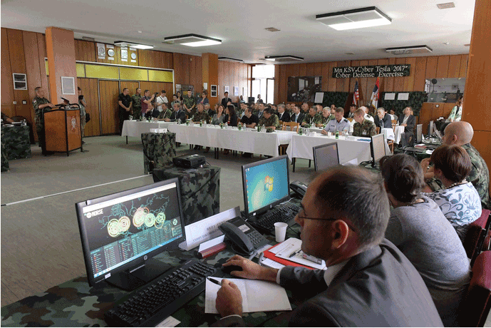 Ohio National Guard cyber specialists work with Serbian Armed Forces and other Serbian government information technology specialists during Cyber Tesla.